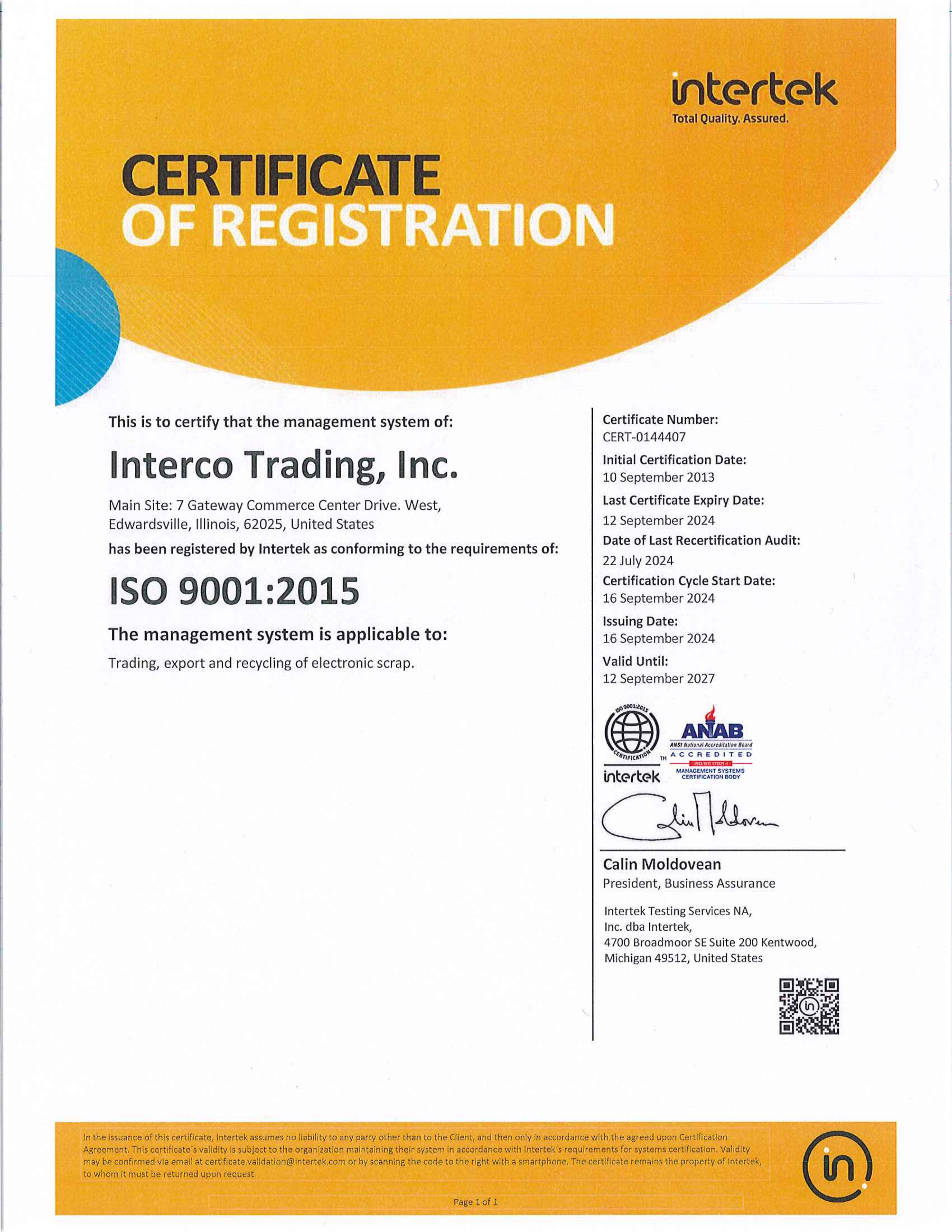 ISO 9001 certificate