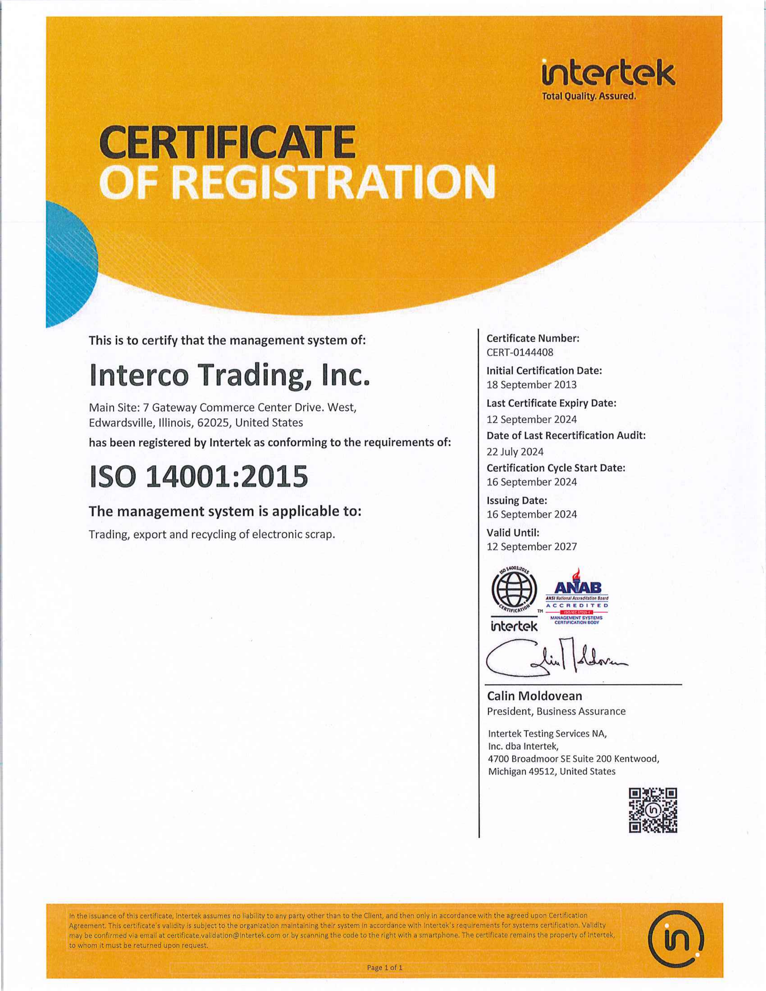 ISO 14001 certificate